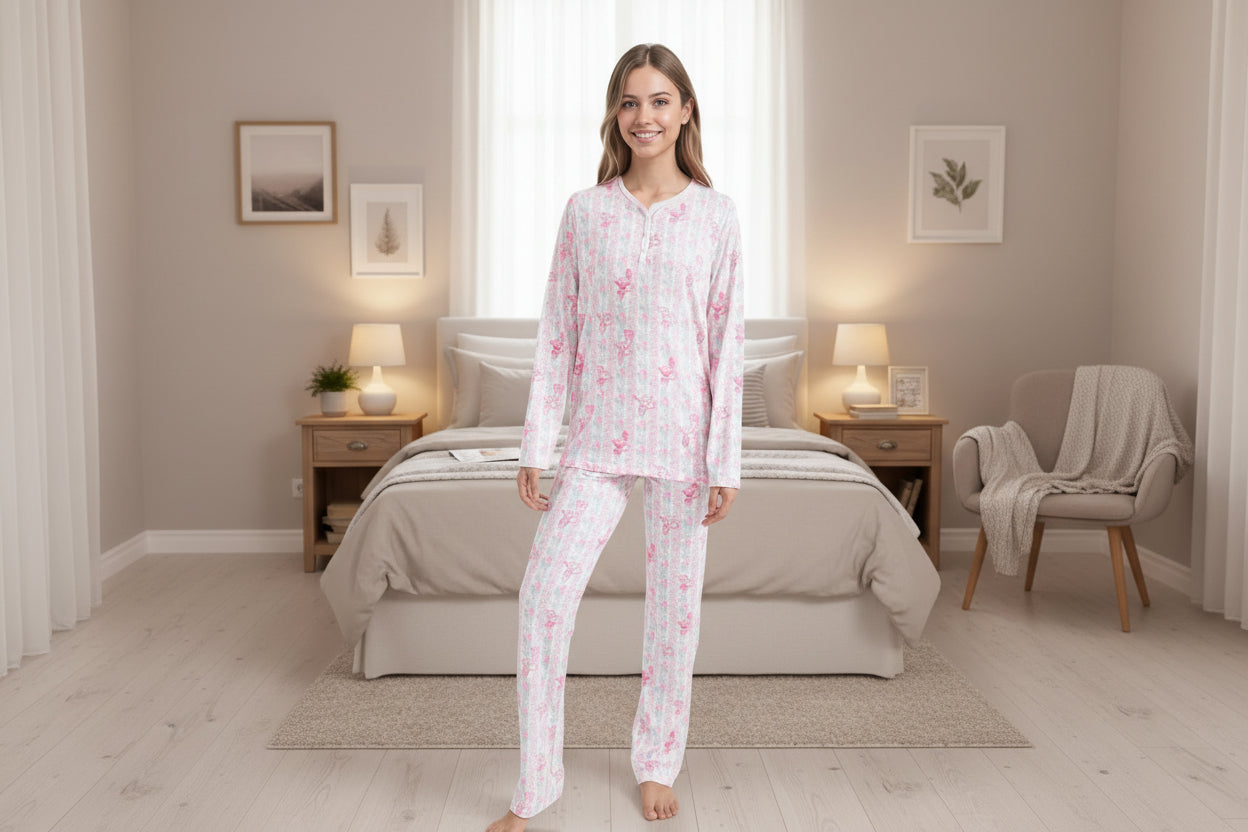 Womens Henley Pajamas Set 2 Piece Long Sleeve Monkey Print Lounge Sets Preppy Sleepwear Pjs for Vacation Party