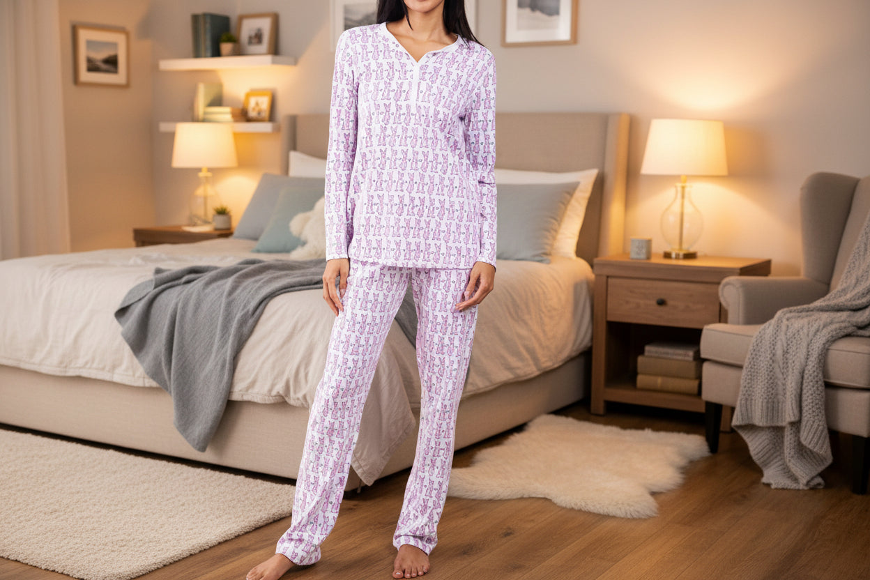 Womens Henley Pajamas Set 2 Piece Long Sleeve Monkey Print Lounge Sets Preppy Sleepwear Pjs for Vacation Party