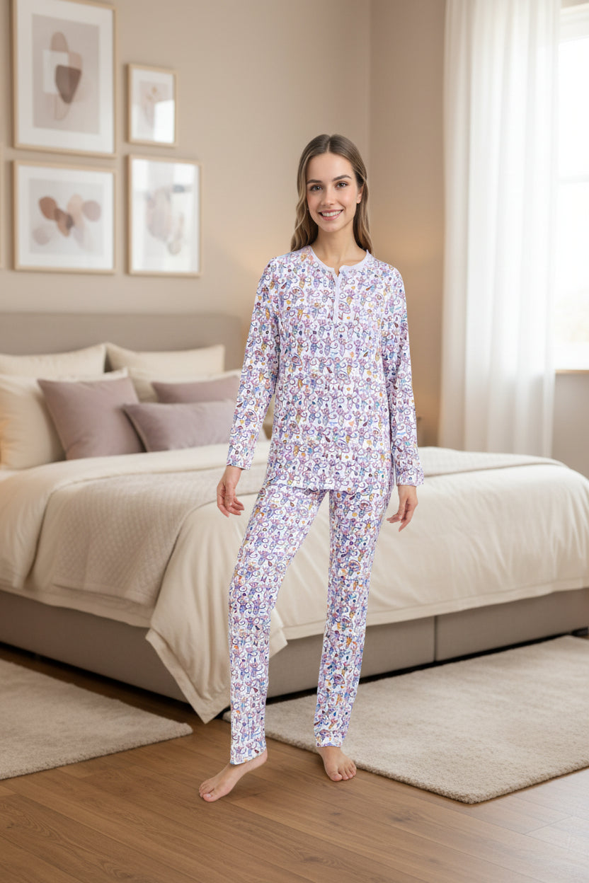Womens Henley Pajamas Set 2 Piece Long Sleeve Monkey Print Lounge Sets Preppy Sleepwear Pjs for Vacation Party