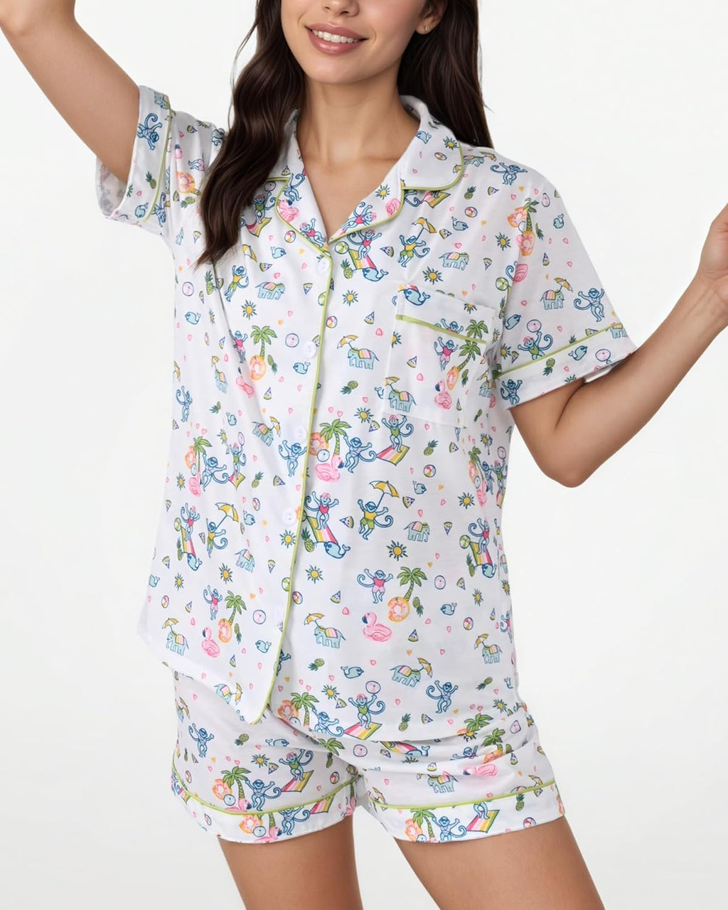 Women'S Pajamas Set Button down Ladies Summer Pajamas Monkey Printed Sleepwear Short Sleeve 2 Pc Pjs for Birthday Gift