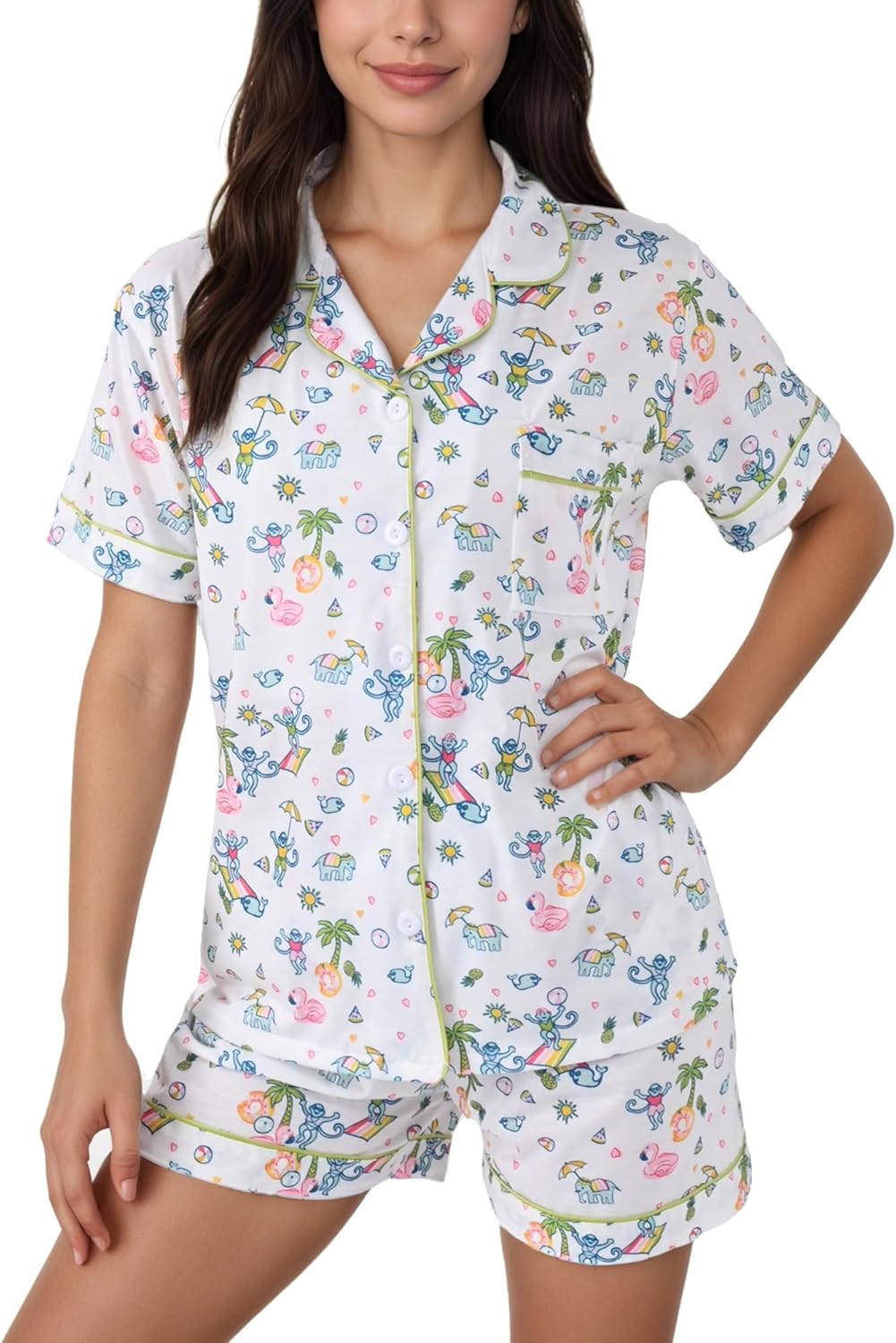 Women'S Pajamas Set Button down Ladies Summer Pajamas Monkey Printed Sleepwear Short Sleeve 2 Pc Pjs for Birthday Gift