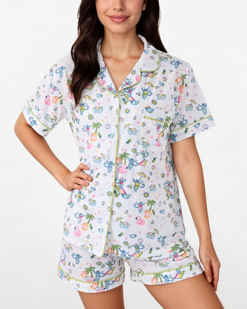 Women'S Pajamas Set Button down Ladies Summer Pajamas Monkey Printed Sleepwear Short Sleeve 2 Pc Pjs for Birthday Gift