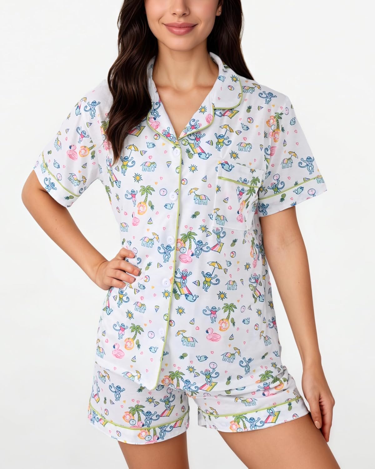 Women'S Pajamas Set Button down Ladies Summer Pajamas Monkey Printed Sleepwear Short Sleeve 2 Pc Pjs for Birthday Gift