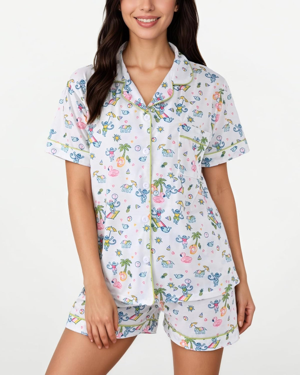 Women'S Pajamas Set Button down Ladies Summer Pajamas Monkey Printed Sleepwear Short Sleeve 2 Pc Pjs for Birthday Gift