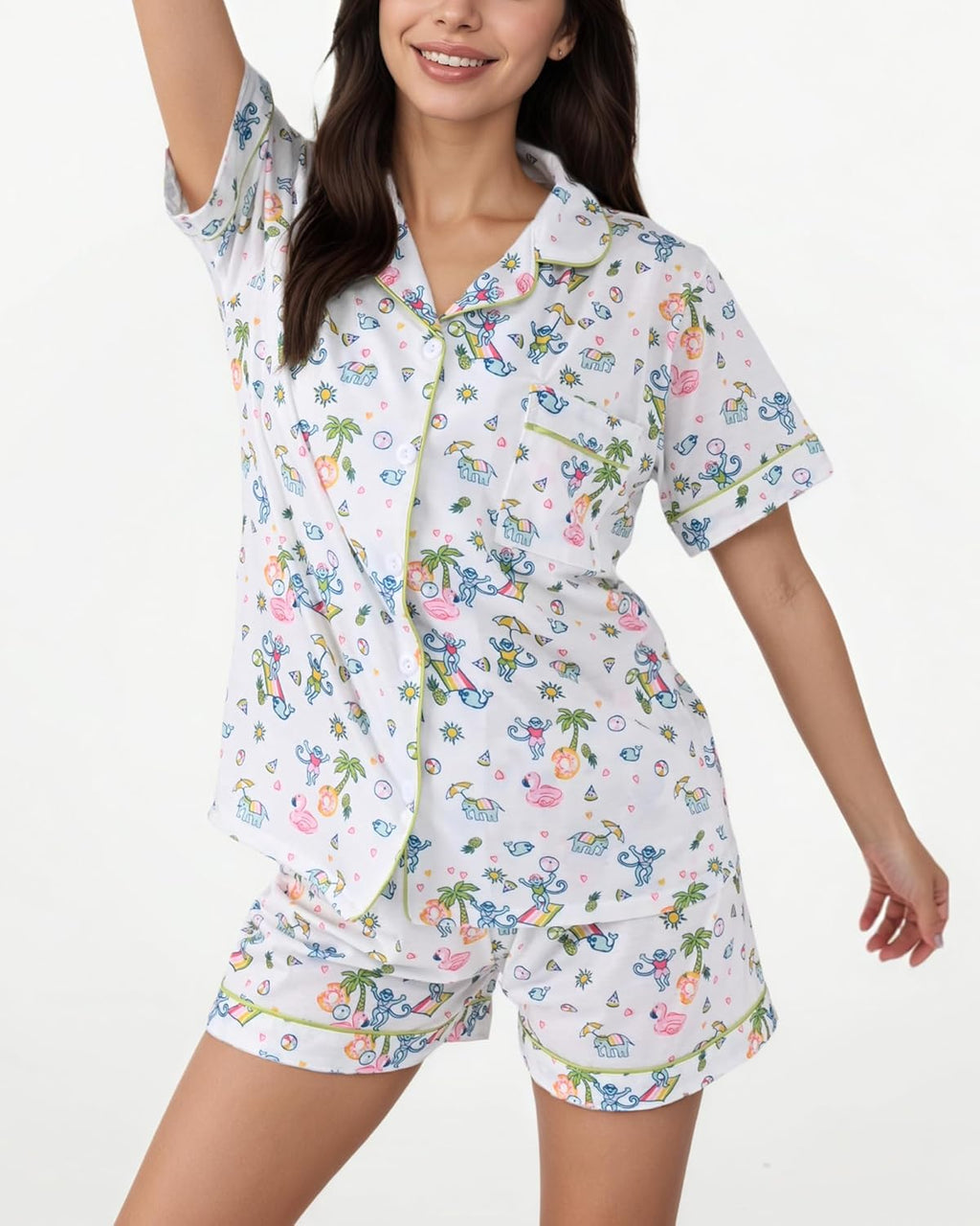 Women'S Pajamas Set Button down Ladies Summer Pajamas Monkey Printed Sleepwear Short Sleeve 2 Pc Pjs for Birthday Gift